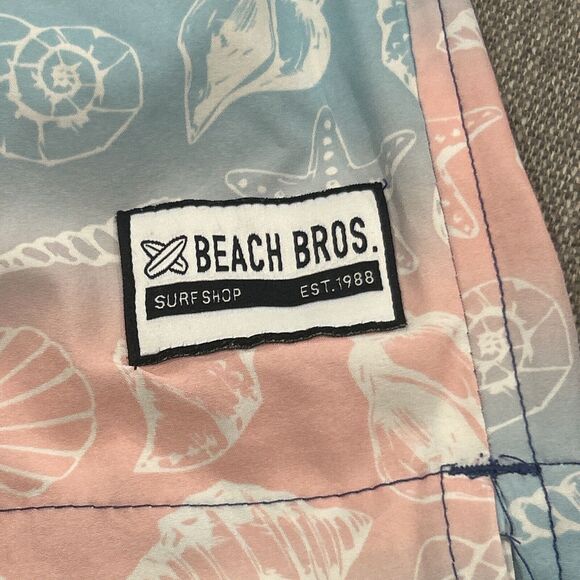 Beach Bros Swim Trunks Mens Medium Shorts Pink Blue Shells Stretch - Picture 3 of 6